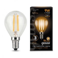 Лампа светодиодная LED 9Вт E14 Filament шар, теплый Gauss